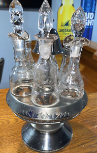 Antique Wilcox Silver Castor Cruet Condiment Caddy Holder With Etched Crystal