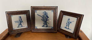 3 X Antique Blue White Framed Tile Tiles Depicting Period French Soldiers