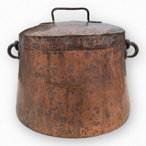 Large Antique Copper Cauldron Storage Pit Bucket With Lid Handle