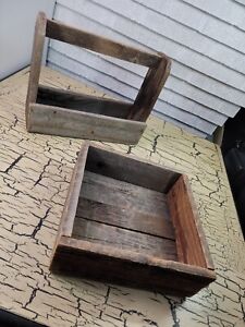 2 Antique Vtg Wooden Rustic Farm Box Wood Carry Caddy Toolbox Tote Basket Rare