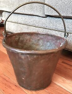 Antique Copper Bucket Heavy Gauge Handle Rolled Top Rim Patina 9 Tall X 11 Wide