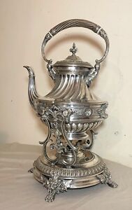Antique 19th Century Silverplate Wmf Ornate Victorian Tea Kettle Pot W Burner