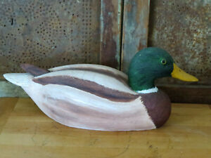 Old Hand Carved Hand Painted Wood Folk Art Duck Decoy Mallard Russel Brown