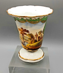 Antique English Porcelain Ridgway Green Ground Landscape Painted Spill Vase 1835