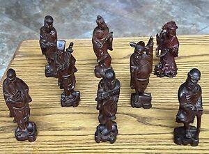 Vintage Chinese Boxwood Carved Myth Taoism Eight Immortals God Statue Set