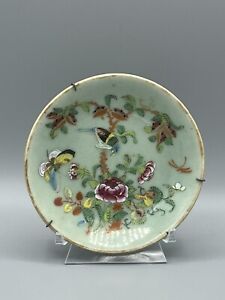 Antique Chinese Celadon Enameled Famille Rose Porcelain Plate 19 C 5 5 Inch