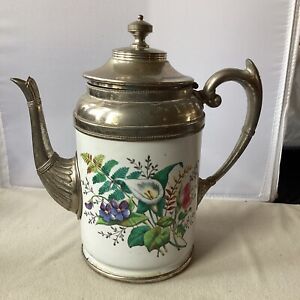Enamelware Graniteware And Pewter Coffeepot Coffee Pot Flowers On White Ground