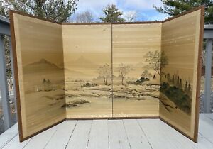72 75 Large Vintage 20th C Japanese Folding Hand Painted Room Fire Screen Silk