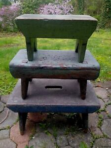 Stack Of 3 Early Primitive Wooden Stools Original Old Paint Blue Green
