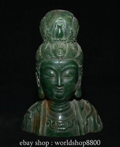 8 Chinese Dynasty Green Jade Carve Kwan Yin Guanyin Buddha Head Bust Sculpture
