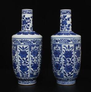 Pair Qianlong Signed Antique Chinese Blue White Porcelain Vase W Flowers