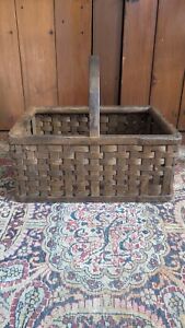 Antique Early Primitive Country Wood Splint Basket Old Mustard Paint 14 5 