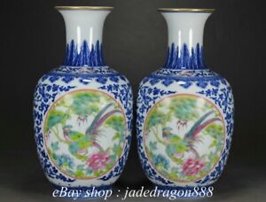 9 2 Qianlong Marked Blue White Porcelain Pastel Bird Flower Bottle Vase Pair