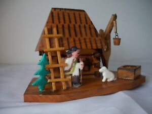 Vintage Folk Art Log Cabin Wooden Hand Made Man W Ax Dog Tree Bucket Lifter