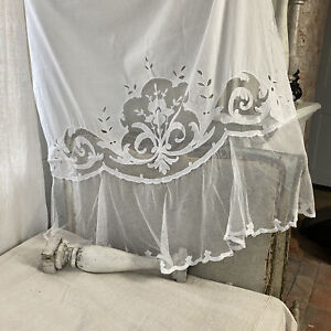45x50 Iris Design French C1930 Lace White Curtain Drape Textile Cottagecore