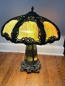 Antique Art Nouveau Deco Slag Glass Lamp With Rare Lighted Base Edward Miller