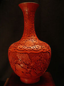 12 1 2 H Vintage Chinese 1900 S Cinnabar Lacquered Wood Vase Enamel Inside