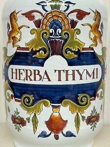 A Beautiful Vintage Larger Delft Apothecary Vase Jar Herba Thymi 