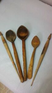 Antique Primitive Old Wooden Spoons Set 3 Wooden Wool Spindles Lot 2