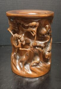 Vtg Antique Chinese High Relief Carved Hardwood Brush Pot W Cranes Pine Trees