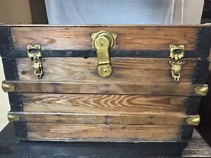 Antique Wood Steamer Trunk Chest Coffee Table Storage Refinished