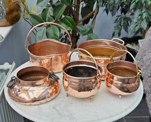 5 X Antique Copper Brass Persian Cooking Pot Cauldron 3 With Swing Handle Gt15