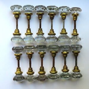 12 Sets Of Antique Crystal Glass And Brass Door Knobs 8 Point With Spindles