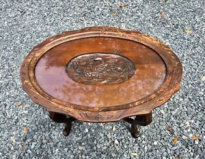 Antique 1930 S Convertible Hand Carved Wooden Swan Glass Top Tea Table Look Wow 