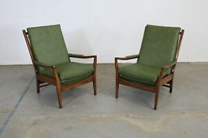 Pair Of Mid Century Modern Walnut Open Arm Lounge Chairs