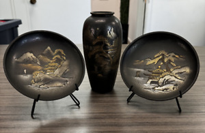 Vintage Japanese Mixed Metal 6 Inch Plate 2 Display 7 Inch Vase