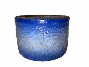 Antique Rare Stoneware Butterfly Crock For Butter Or Cheese Blue White 4x6 In
