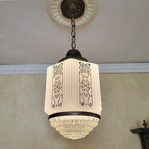 357c Antique 30s 40s Lg Art Deco Ceiling Light Lamp Fixture Glass Shade Pendant