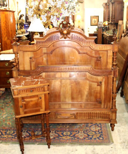 French Antique Carved Walnut Henry Ii Bedroom Set Full Size Bed Nightstand
