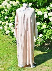 Vintage Antique Chinese Pale Peach Silk Long Embroidered Robe Gown