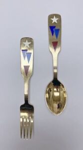 A Michelsen Sterling Silver Gold Wash Enamel Red White Blue Spoon Fork 1954