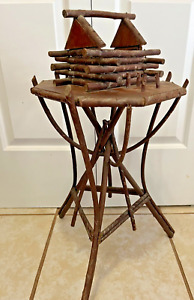 Antique Adirondack Camp Twig Sewing Table Primitive Paint Wood Spools Tramp Art