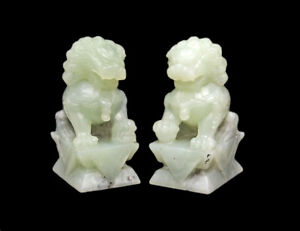 Vintage Asian Antique Carved Chinese Jade 5 Foo Dog Lion Sculpture Bookends