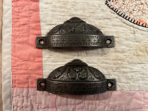 Pair Ornate Cast Iron Bin Drawer Pulls 3 1 4 Mount 1900 S Era Free S H