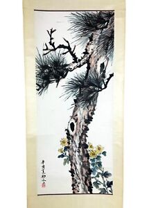 Signed Chinese Watercolor Landscape Tree Flower Wall Hanging Scroll Painting 70 