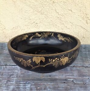Antique Large Chinese Black Lacquered Wood Bowl Gold Gilt Handpainted Design