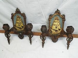 Pair Early Cast Iron Galleon Ship Candle Electric Wall Sconce Light Fixture