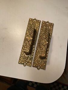 Two Vintage Solid Brass Large Door Handles Gothic Style