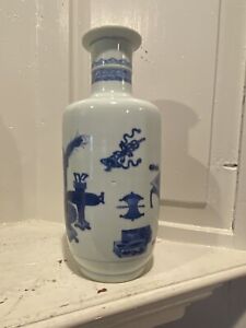Antique Chinese Blue And White Porcelain Rouleau Vase Republic Or Earlier 10 