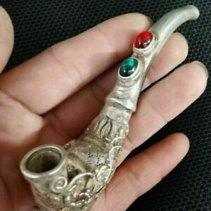 Old Chinese Tibet Silver Hand Carved Dragon Phoenix Inlay Gem Pipe Smoking Tools