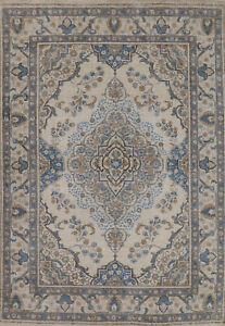 Ivory Wool Medallion Tebriz Area Rug 6x9 Vintage Hand Made Traditional Carpet