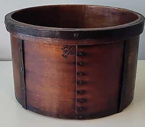 Antique Farm Grain Seed Measure Thick Wood Metal Band Supports Signed Essex 1913