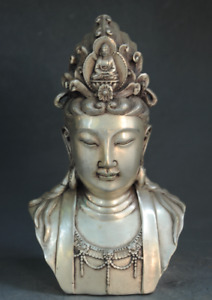 Chinese Buddhism Old Tibet Silver Kwan Yin Guanyin Buddha Head Bust Statue 21895
