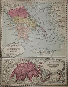 Old Antique 1885 Atlas Map Greece Switzerland Crete Candia Morea