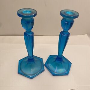 Northwood Celeste Blue Stretch Glass Colonial Pair Of Candlesticks