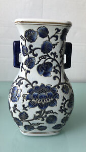 Unique Vintage Chinese Blue White Porcelain Vase Handles Crane Flowers Handmade